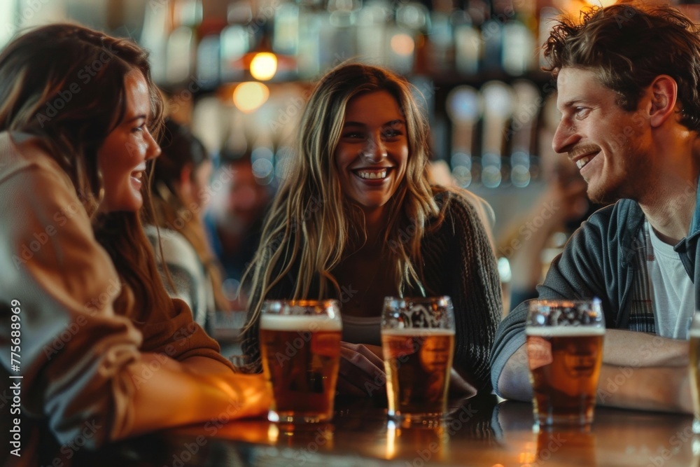 Three happy friends talking and laughing in a bar while drinking beer.
