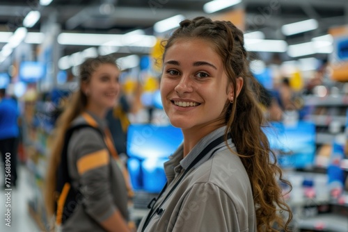 Smiling woman in gray shirt at electronics store with many devices in background