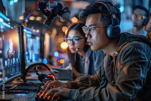 Focused Asian Gamer with Headphones and Glasses Using Gaming Computer