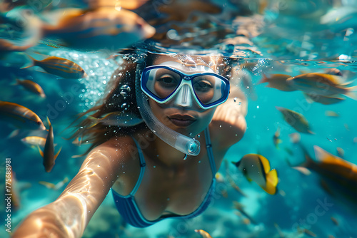  girl in snorkeling mask dives gracefully underwater, exploring the vibrant marine world, perfect for travel and vacation concepts © River Girl