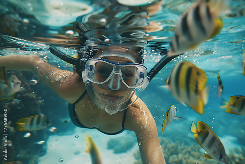  girl in snorkeling mask dives gracefully underwater, exploring the vibrant marine world, perfect for travel and vacation concepts photo