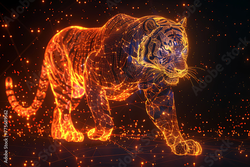 Fototapeta Naklejka Na Ścianę i Meble -  Majestic tiger illustration showcasing intricate digital wireframe polygons, exuding power and grace, perfect for wildlife-themed designs and creative projects