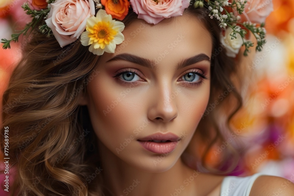 A woman with a flower headdress and blue eyes