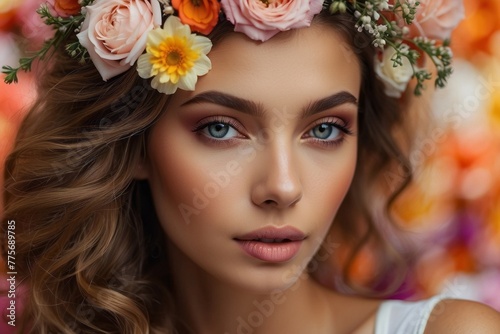 A woman with a flower headdress and blue eyes © liliyabatyrova