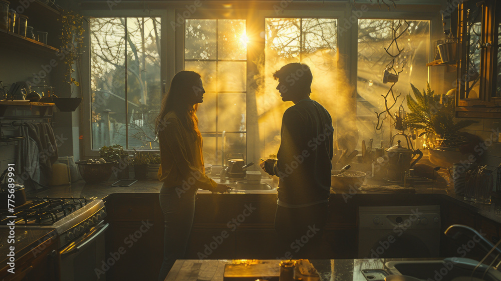 two people having a discussion in a kitchen.generative ai two people having a discussion in a kitchen.generative ai