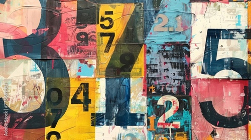 mixed media paper collage with large random numbers