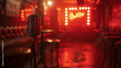 Stage microphone under a spotlight with a bokeh background conveying a sense of performance