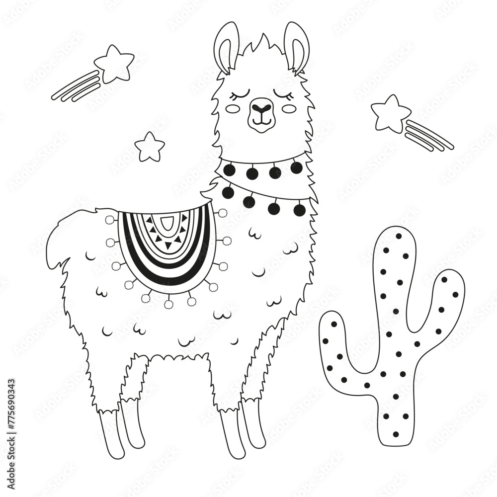 Fototapeta premium outline card with cute llama character