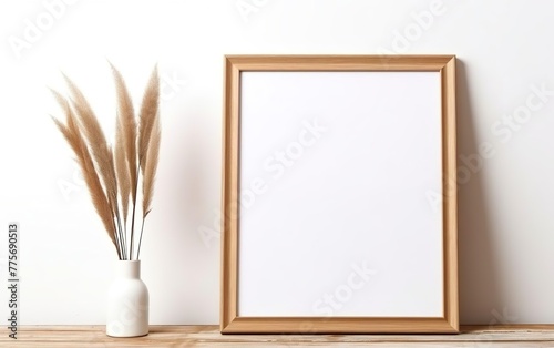 Minimalistic design. Mock up poster frame, vase with dry pampas grass in vase on wooden shelf and white wall background. Natural concept. Clay, glass, paper and wood. AI Generative.