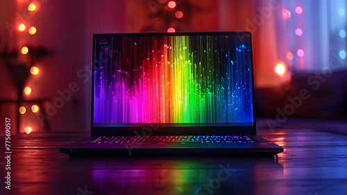 Colorful laptop with illuminated keyboard on desk