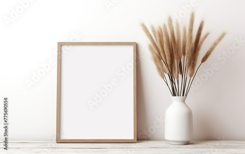 Minimalistic design. Mock up poster frame, vase with dry pampas grass in vase on wooden shelf and white wall background. Natural concept. Clay, glass, paper and wood. AI Generative.