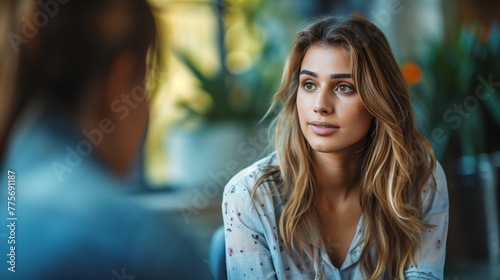 Therapy session: a young woman in a counseling or therapy session for mental health