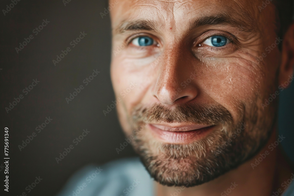 Closeup portrait of man with striking blue eyes looking directly at camera