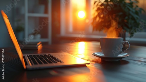 Morning productivity vibes with hot coffee and an open laptop at sunrise