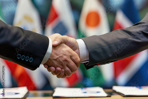 Two people in suits shaking hands with G7 nation flags in the background