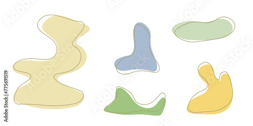 Set of organic irregular blob shapes with stroke line. Yellow random deform spot fluid circle Isolated on white background Organic amoeba Doodle elements. Abstract rounded forms Vector illustration.