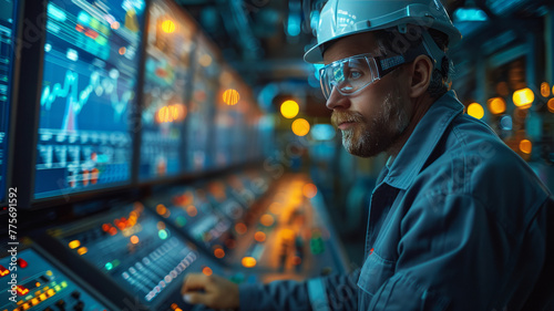 an engineer is looking at the graphs of power curve on the screen in BESS plant.generative ai © LomaPari2021