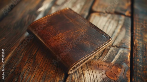 Vintage leather wallet on textured wooden background