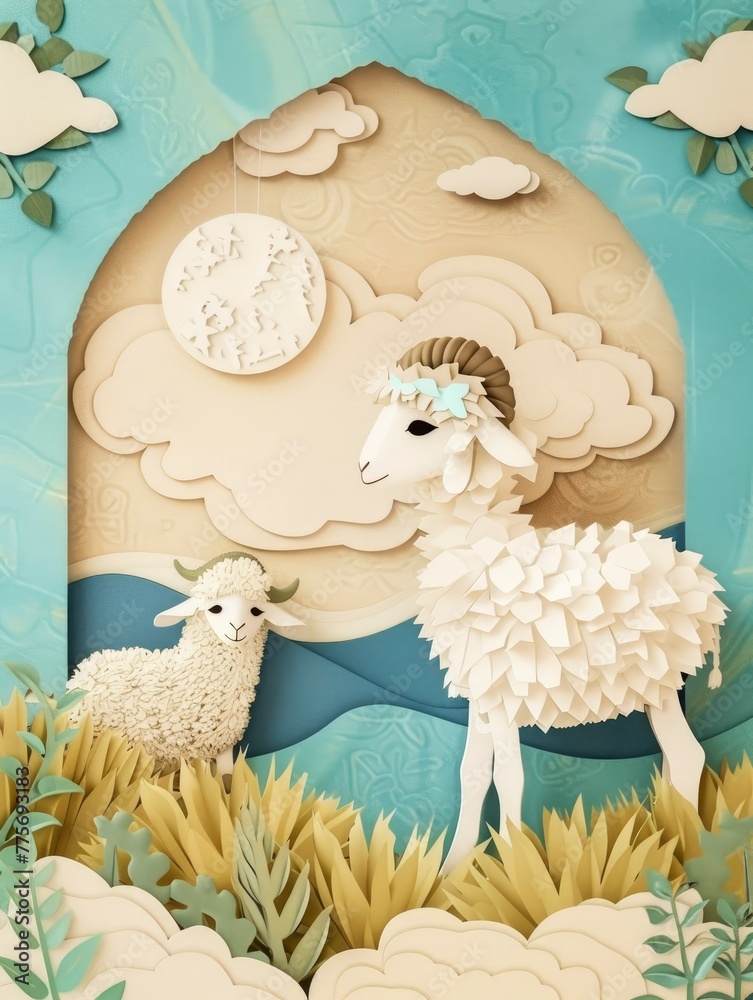 Naklejka premium goat and sheep on islamic background with clouds and copy space - generative ai