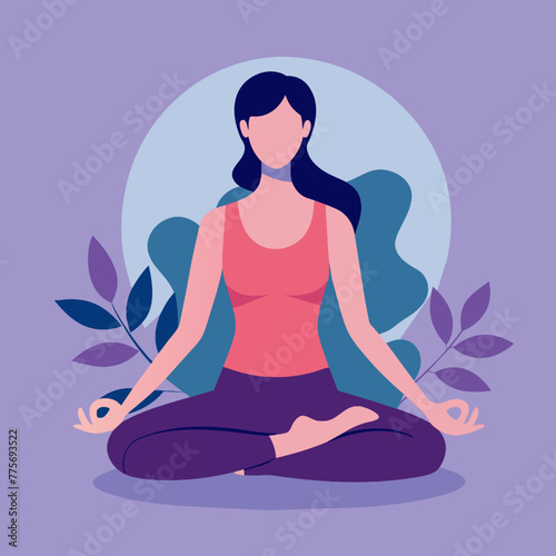 woman practicing yoga in lotus position with leaves background vector illustration graphic design