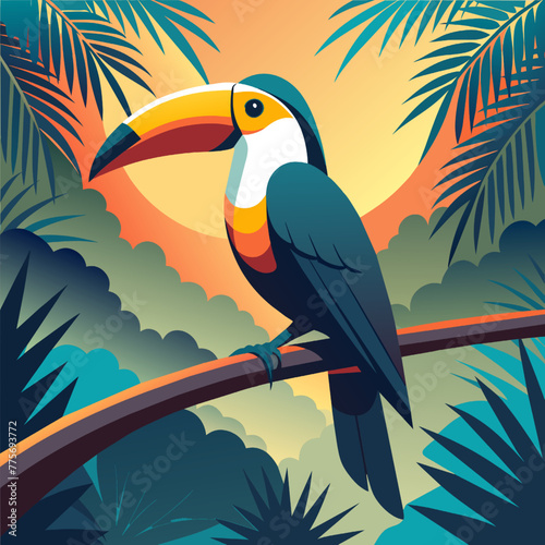 Toucan on a branch in the jungle. Vector illustration.