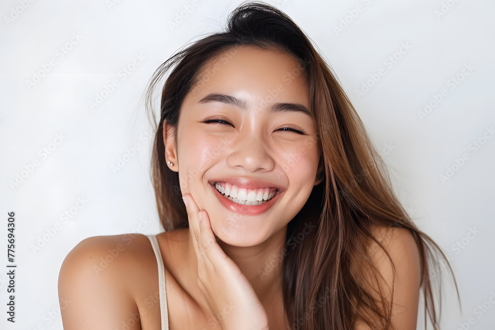 Closeup portrait of Beautiful smiling Asian woman with smooth healthy skin Closeup portrait of Beautiful smiling Asian woman with smooth healthy skin