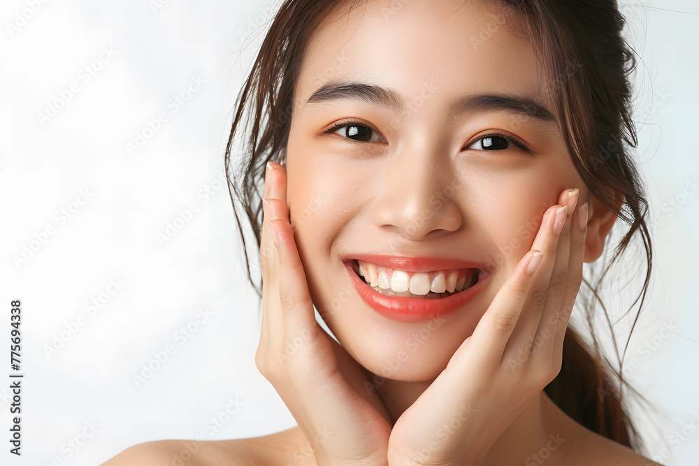 Closeup portrait of Beautiful smiling Asian woman with smooth healthy skin Closeup portrait of Beautiful smiling Asian woman with smooth healthy skin