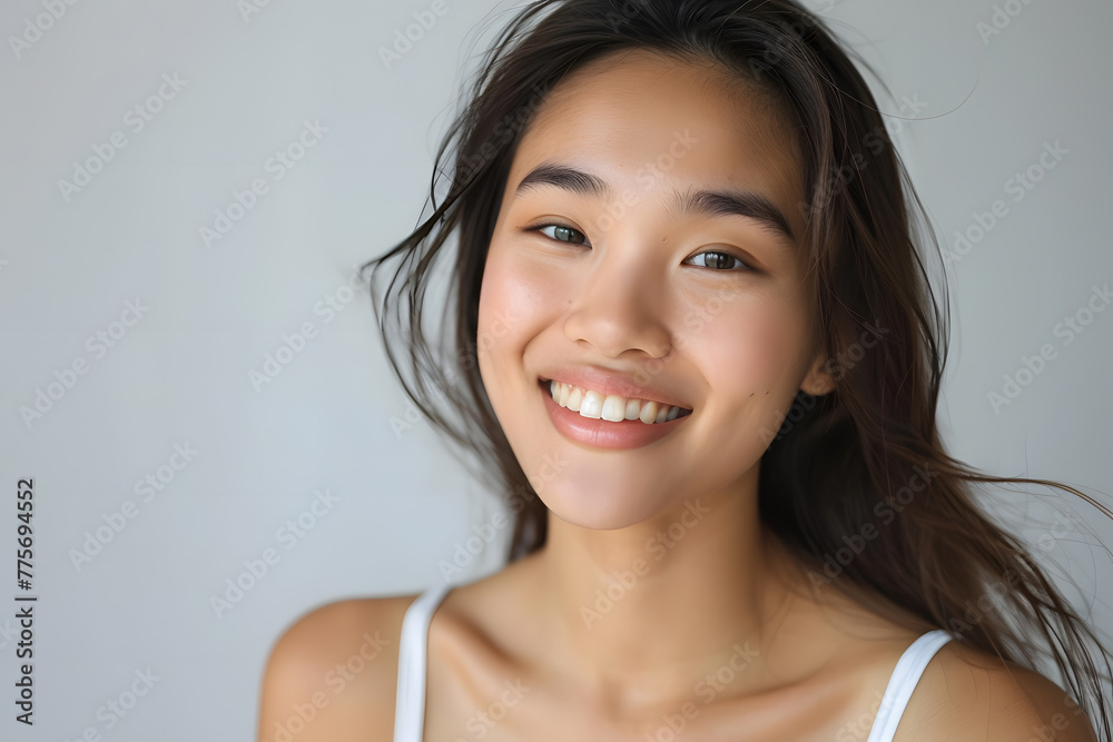 Closeup portrait of Beautiful smiling Asian woman with smooth healthy skin Closeup portrait of Beautiful smiling Asian woman with smooth healthy skin