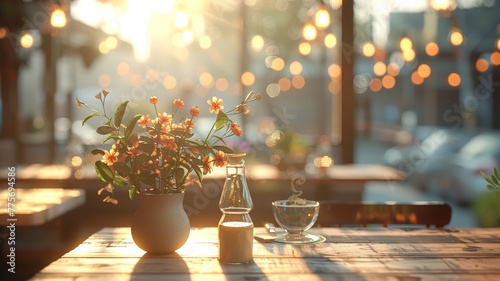 Golden morning light caresses a serene cafe setting with a touch of greenery photo