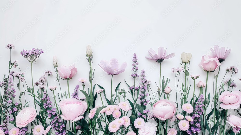 A bouquet of flowers with a white background. The flowers are pink and purple and are arranged in a row