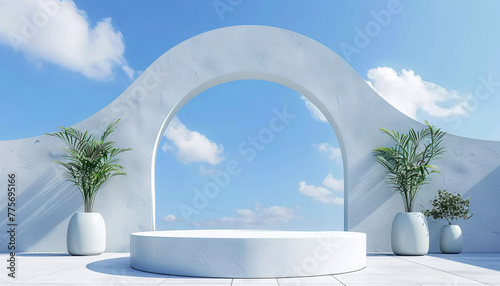 3d backdrop of white minimal podium with arc for product presentation commercial advertising