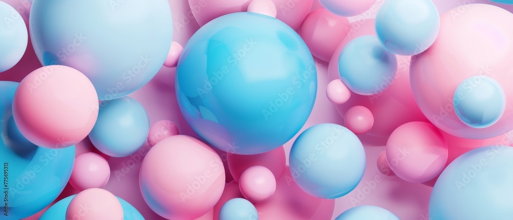 In this 3D rendering, abstract pastel balls, pink blue balloons, geometric background, primitive shapes of multicolors, minimalist design, pastel colors palette, party decorations, plastic toys, and