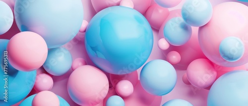 In this 3D rendering, abstract pastel balls, pink blue balloons, geometric background, primitive shapes of multicolors, minimalist design, pastel colors palette, party decorations, plastic toys, and