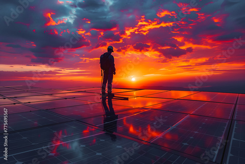 Man Standing on Top of Solar Panel at Sunset