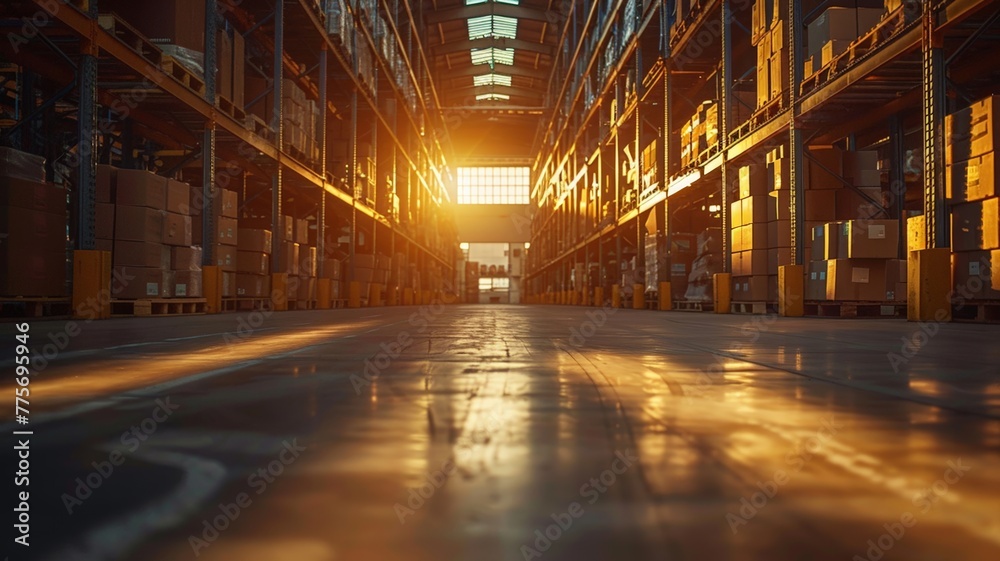 Industrial warehouse interior bathed in sunset light