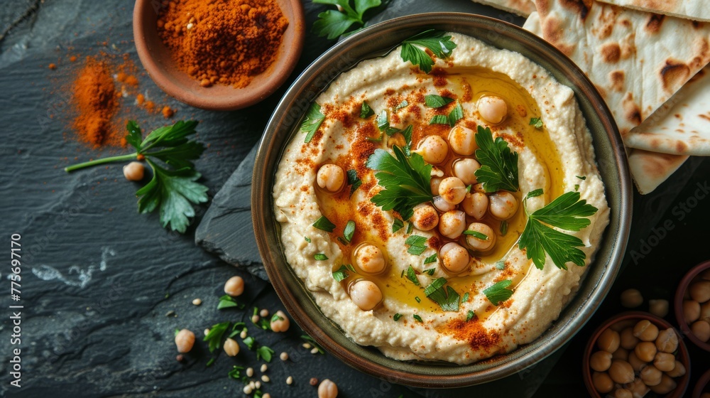 Bowl of Hummus With Pita Bread and Spices
