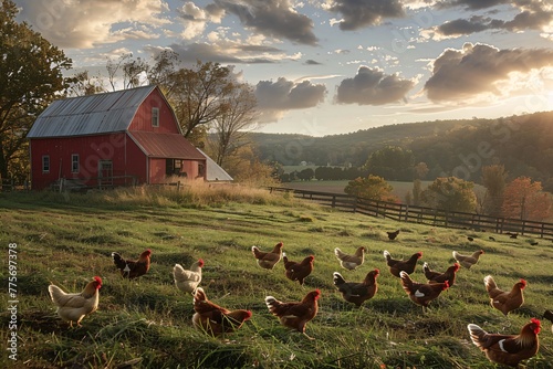 A harmonious blend of nature and agriculture, this image celebrates the life of free-range egg-laying chickens in both pastoral fields and a structured commercial coop