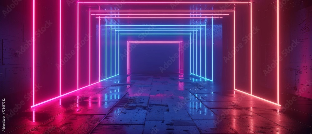 Obraz premium This is a 3d render. It features an abstract minimal geometric background with glowing neon lines. There are tunnels, corridors, stage illuminations, fashion podiums. It is surrounded by a blank