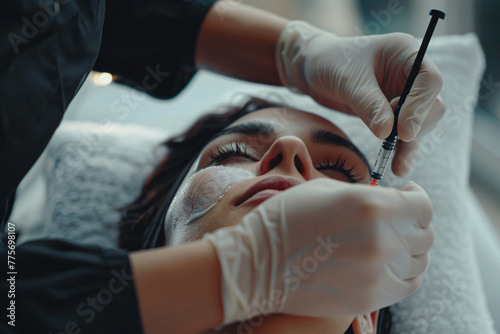 Young woman receiving a cosmetic facial treatment in a beauty salon, shown in close up lying on a white pillow and receiving aesthetic medicine from a female doctor with a syringe, possibly for Botox  photo