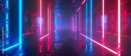 Render of an abstract colorful background with neon lights glowing in the dark on a red, blue, and green gradient