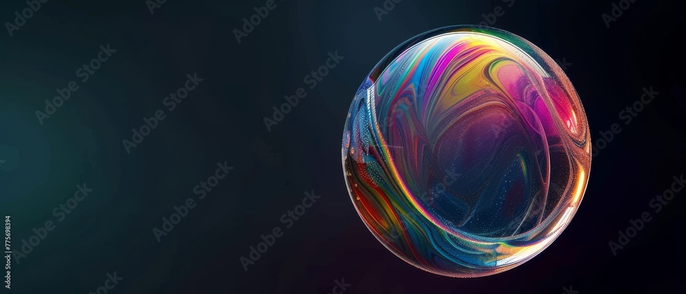 The 3D render depicts an abstract colorful bubble or a glass ball isolated on a black background