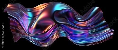 Modern wavy shape isolated on black background with layers and folds, holographic foil texture, colorful iridescent wallpaper.