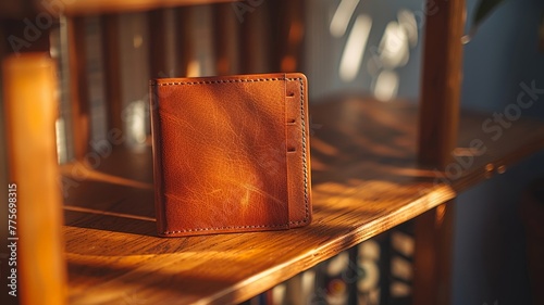 Modern leather wallet against bookshelf in natural light photo