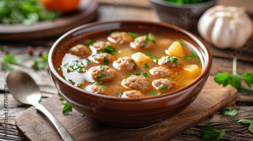 Close Up of Soup With Meatballs