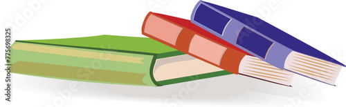 Vector illustration of books in a stack,loosely stacked on top of each other.Textbooks in hardcover, green, blue, orange.The picture is drawn by hand,element for stickers, games,books,presentations.