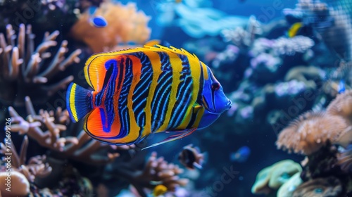 Colorful royal angelfish swimming in coral reef - Generative AI