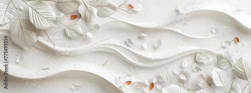 3D wallpaper white leaves texture background. White nature wall art design with wavy lines. Abstract painting wallpaper for home decoration, mural print backdrop in the style of nature.