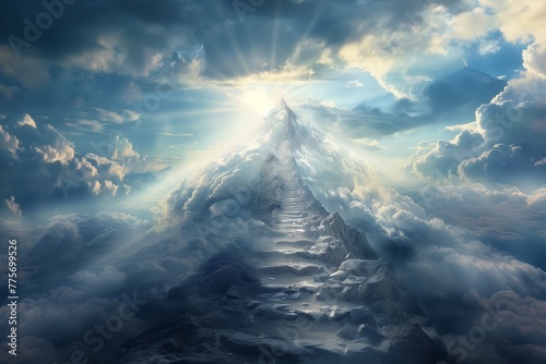A straight path leads to the top of an elongated mountain, symbolizing goal setting and success photo
