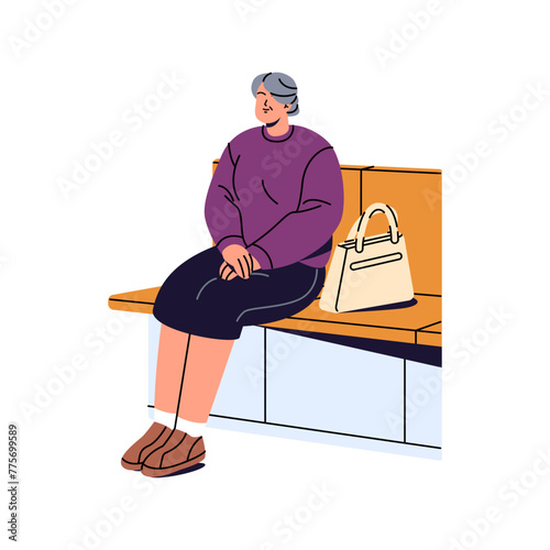 Old woman sits on bench in public place. Tired senior with bag relaxes on seat. Happy granny waits transport on bus stop or in clinic line, queue. Flat isolated vector illustration on white background