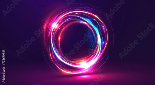 Abstract background with neon glowing light rings in motion, forming the shape of an O and creating visual effects for design or graphic elements